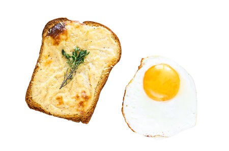 croque Monsieur sandwich with cheese and ham. Isolated on white background. Top view