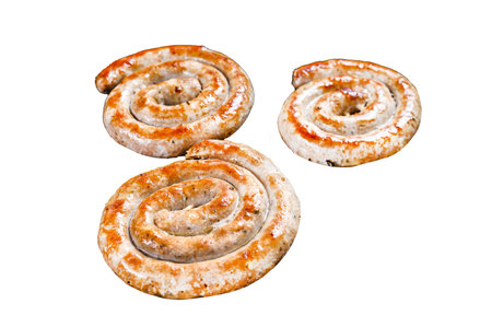 Spiral delicious grilled sausages Isolated on white background. Top viewの写真素材