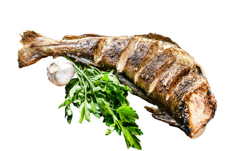 Cooking grilled haddock fish Isolated on white background. Top view