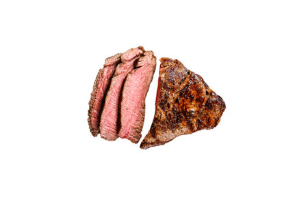 Sliced grilled filet Mignon steak. Beef tenderloin. Isolated on white background. Top viewの写真素材