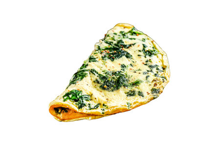 Spinach quiche on a plate with tomatoes and parsley. Isolated on white background. Top viewの写真素材