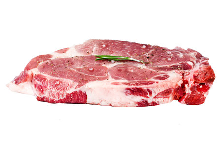 Fresh pork steak. Marble meat Isolated on white background. Top viewの写真素材