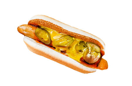 Hot dog with pork sausage Isolated on white background. Top viewの写真素材