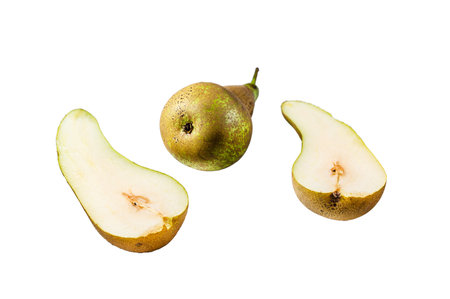 Pears on a ceramic cutting Board. Farm eco pears. Isolated on white background. Top view