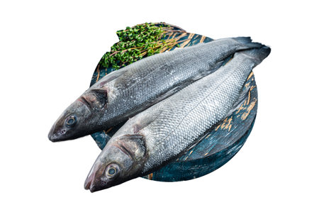 Uncooked Raw Sea Bass fish, Seabass with thyme. Isolated on white background. Top viewの写真素材