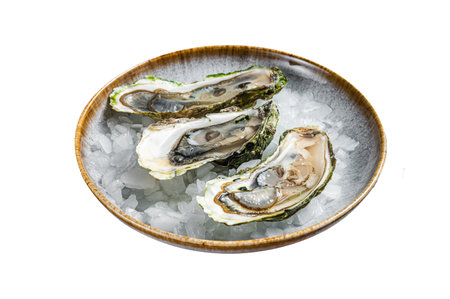 Opened Fresh oysters with lemon and ice in a plate Isolated on white background. Top view
