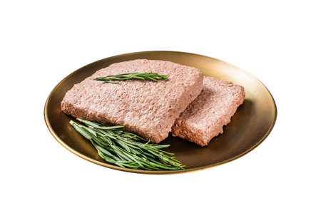 Fresh Veggie mince meat, raw plant based meat with rosemary. Isolated on white background. Top view