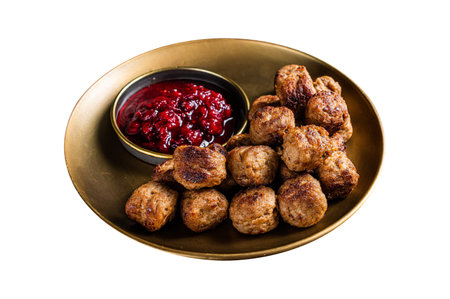 Beef meatballs with lingonberries jam, Swedish meatballs. Isolated on white background. Top viewの写真素材