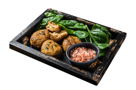 Seafood Fish balls or Fish cake with spinach on white background. Top viewの写真素材