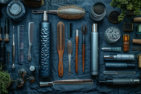 Diverse array of beauty products and brushes displayed on a tableの写真素材