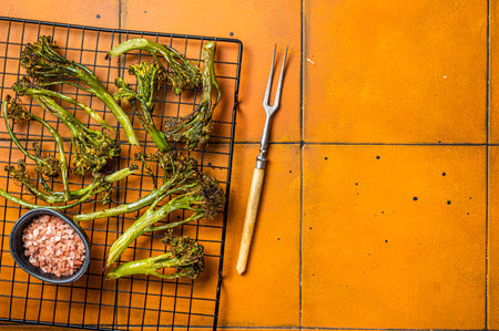 Grilled Broccolini Sprouts with garlic. Orange background. Top view. Copy space.の写真素材