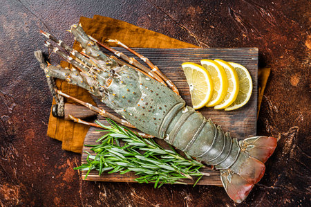 Fresh Spiny lobster on a wooden cutting board with herbs for cooking, raw seafood. Dark background. Top view.の写真素材