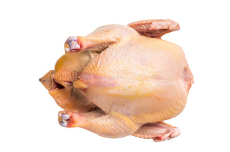 Raw eco farm chicken carcass on the cutting board isolated on white background.の写真素材