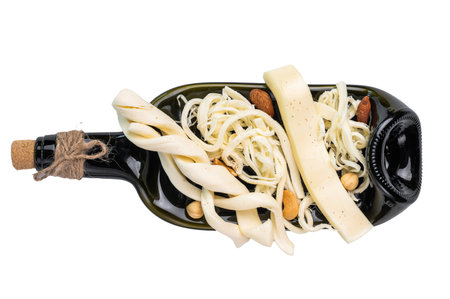 Assortiment of Traditional Caucasian Chechil white cheese isolated on white background
