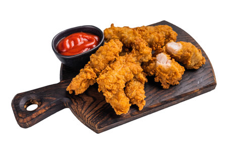 Fried chicken tenders or strips with hot sauce isolated on white background.の写真素材