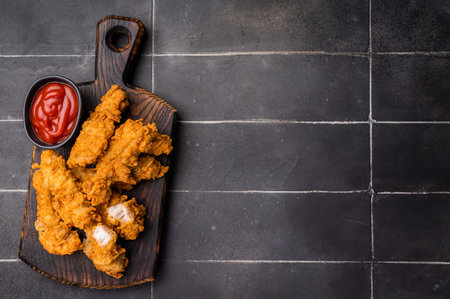 Fried chicken tenders or strips with hot sauce. black background. top view.の写真素材