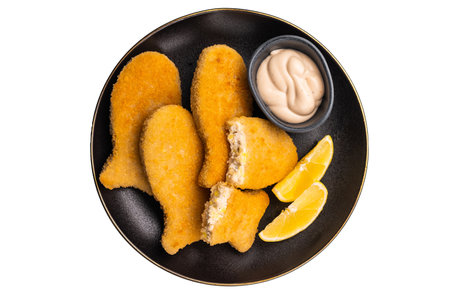 Crispy fried cod Fish sticks on plate isolated on white background. top view.の写真素材