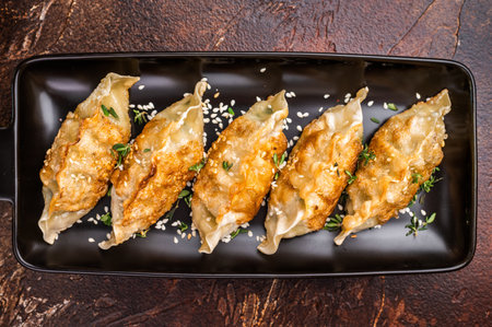 Fried Korean Dumplings on plate with sauce, Dumplings with shrimps and vegetables. brown background. top view.の写真素材