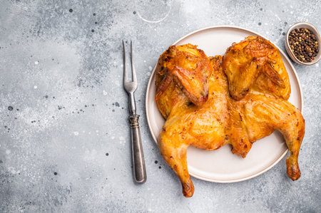 Roasted Spatchcock Chicken, poultry meat. gray background. top view.の写真素材