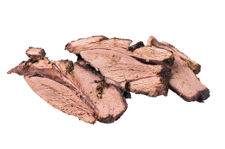 Roasted and sliced Roe Deer leg meat. baked game meat of venison with bone isolated on white background. top view.の写真素材