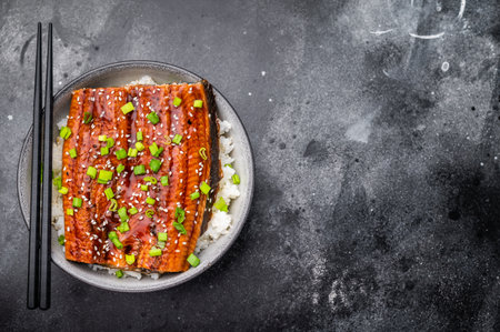 Unagi don, Unagidon Japanese grilled eel with rice in a bowl. black background. top view.の写真素材