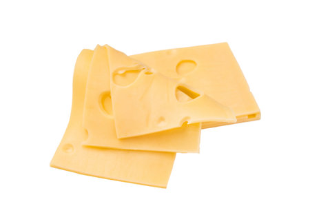 Maasdam cheese slices isolated on white background. top view.の写真素材