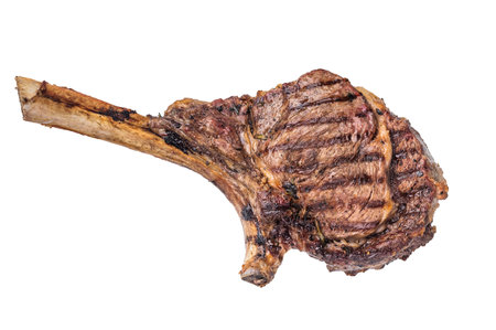 Grilled Tomahawk beef steak, cooked rib eye with bone isolated on white background. top view.の写真素材