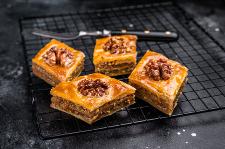 Traditional Honey Walnut Baklava. black background. top view.の写真素材