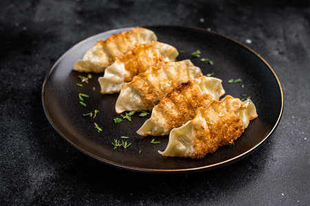 Asian Fried Dumplings, Jiaozi, Gyoza, Dim sum with meat and vegetables on plate. black background. top view.の写真素材