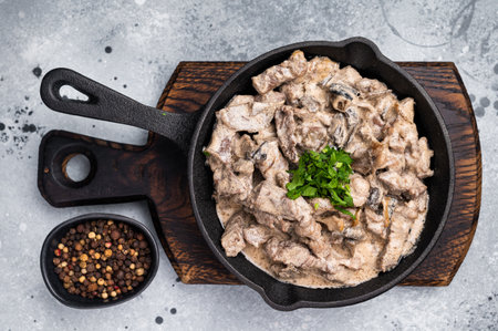Creamy beef stroganoff with fresh greenery, savory mushroom sauce and caramelized onions in a skillet. grey background. top view.の写真素材