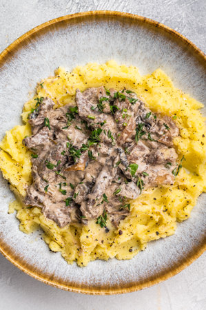 Plate of tender beef stroganoff served with creamy mashed potatoes and steaming gravy. gray...