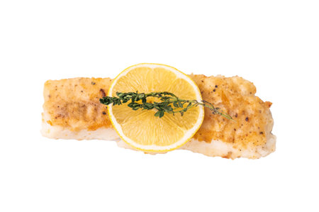 Baked Cod fish fiilet, fried whitefish meat isolated on white background.