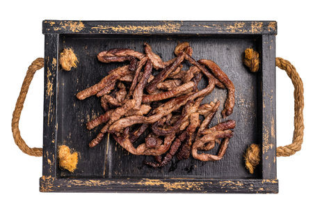 Beef fritter, Deep fried beef tender strips, sliced meat in a tray isolated on white background.の写真素材