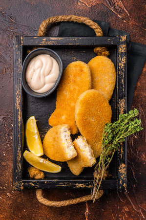 Crusted Fish sticks fingers with lemon and tartar sauce in wooden tray. brown background. top view.の写真素材