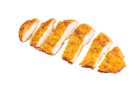 Tender chicken cutlet, coated in crunchy breadcrumbs and fried to perfection. Ideal for a satisfying meal or as a topping for rice. isolated on white background. top view.の写真素材