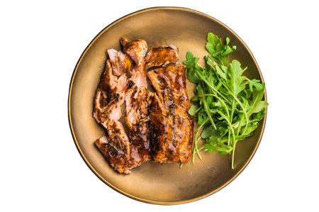 Teriyaki salmon fillet steak with salad on a plate. top view.の写真素材