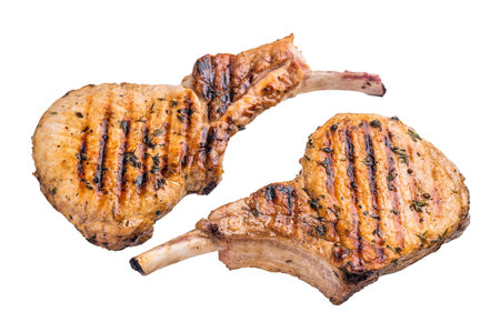 Juicy grilled pork Tomahawk chop, perfectly seared and bursting with flavor, ideal for a hearty feast. isolated on white background. top view.の写真素材