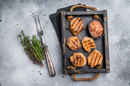 Tender char grilled pork medallion steak, perfect for adding a touch of elegance to your dinner plate.grey background. top view.の写真素材