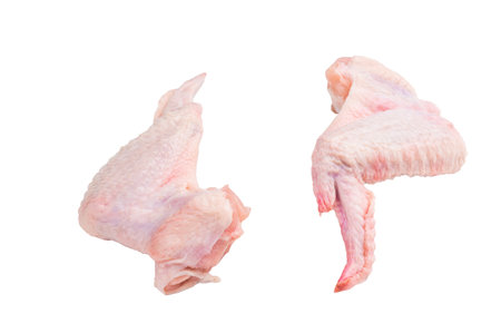 Uncooked chicken wings, showcasing their tender meat, ideal for flavorful recipes and delicious appetizers. isolated on white background. top view.の写真素材