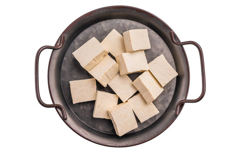 Organic Diced soy tofu isolated on white background. top view.の写真素材