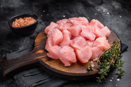Sliced turkey fillet cubes, diced poultry breast meat. black background. top view.の写真素材