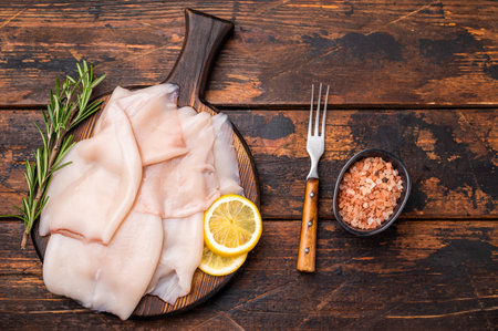 Freshly caught raw squid with glistening skin, perfect for grilling or frying to create...