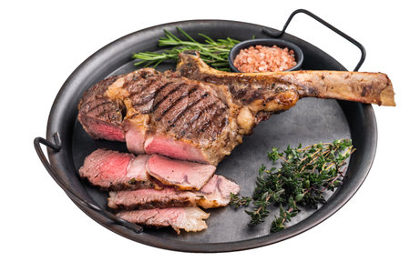 Roasted Tomahawk beef steak, roast dry aged rib eye with bone isolated on white background. top...