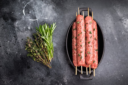 Raw shish kebab, arabic kofta kofte kebab from mince lamb and beef meat on Skewer. black background....