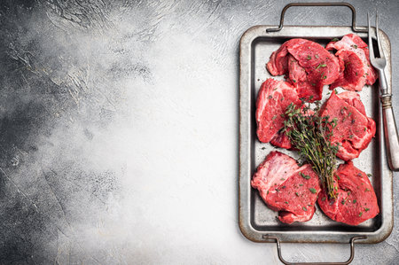 Fresh Raw beef tenderloin steaks with herbs and spices, marble meat ready for roast. gray background. top view.の写真素材