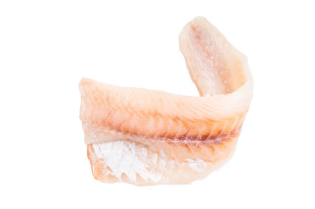 Raw Hake white fish fillet isolated on white background. top view.