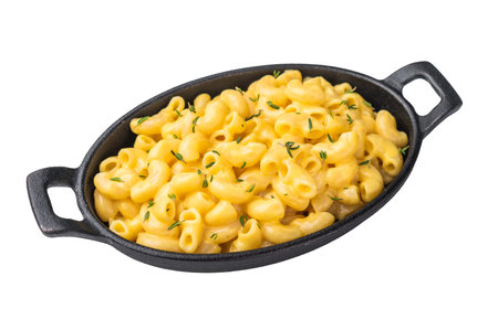 Savory mac and cheese presented in a cast iron dish, minimal white background highlights the rich textureの写真素材