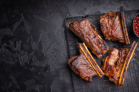 High contrast BBQ ribs shot with pink peppercorns. Dark and moody food photography for web bannersの写真素材