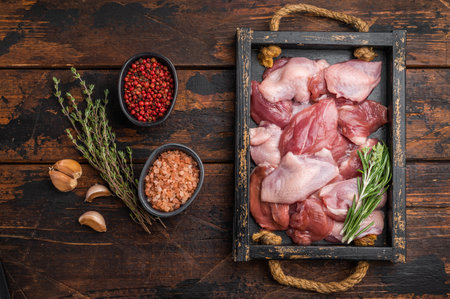 Uncooked, skin-on quail fillets with fresh spices in a rustic box. Ideal for a recipe or high-end food advertisementの写真素材