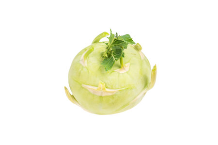 Fresh kohlrabi with green leaves isolated on white backround. top view.の写真素材